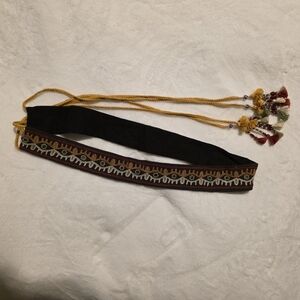 Boho Embroidered Black Waist Belt with Yellow Tassel Ties